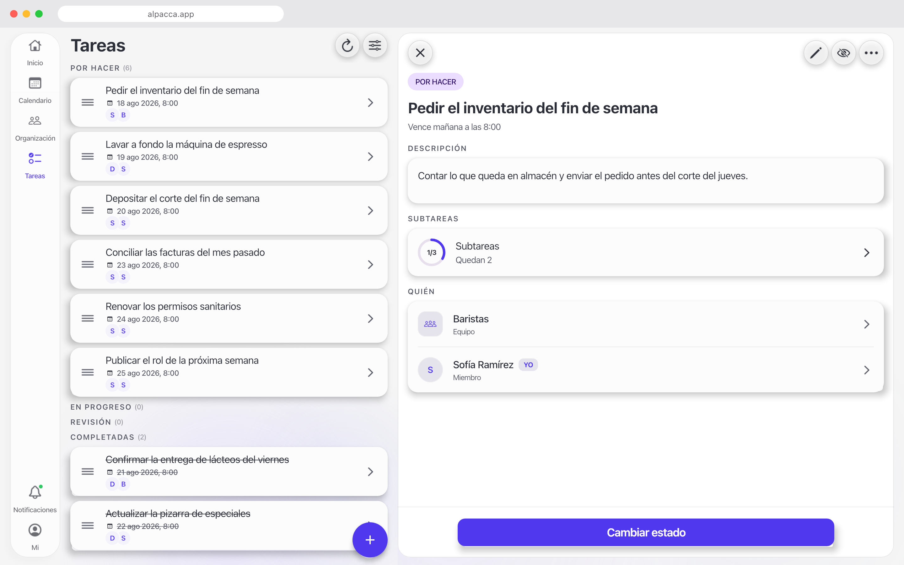 Una tarea con sus subtareas en Alpacca.