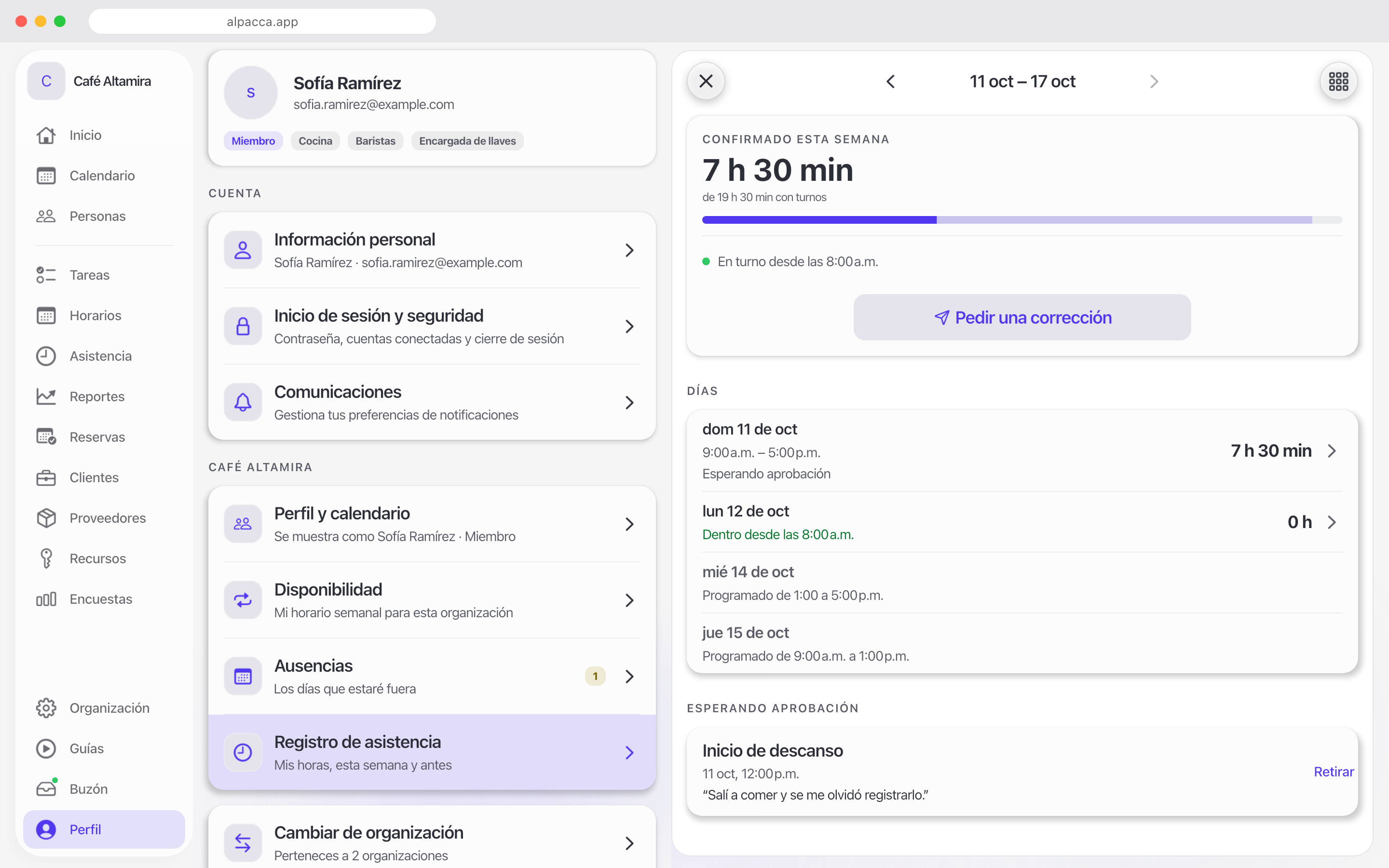La semana de un miembro en Alpacca, con las horas confirmadas, un registro corregido y una solicitud para arreglar uno que faltó.