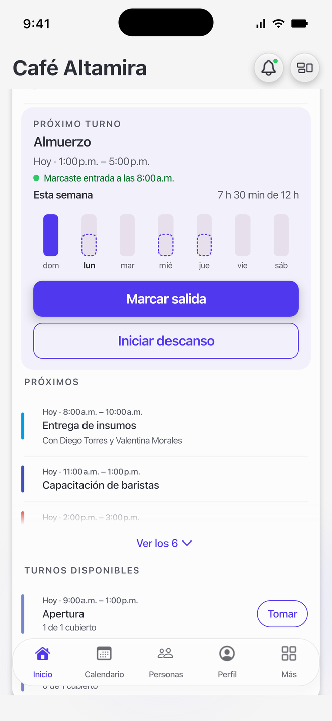Inicio en la app de Alpacca en un teléfono: el próximo turno, con entrada a las 8:00 a. m., y los botones Marcar salida e Iniciar descanso debajo.
