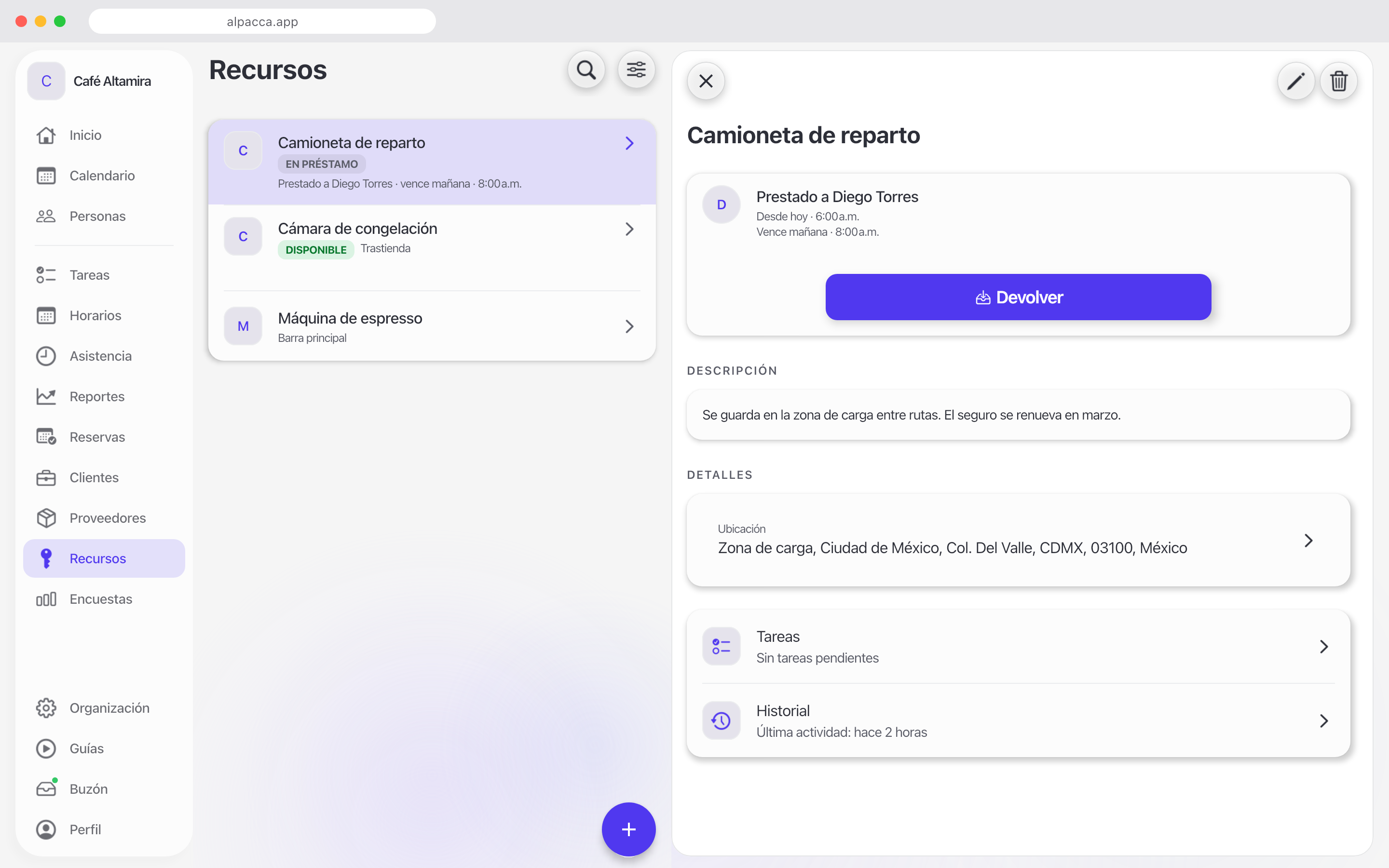 Los detalles de un recurso en Alpacca.