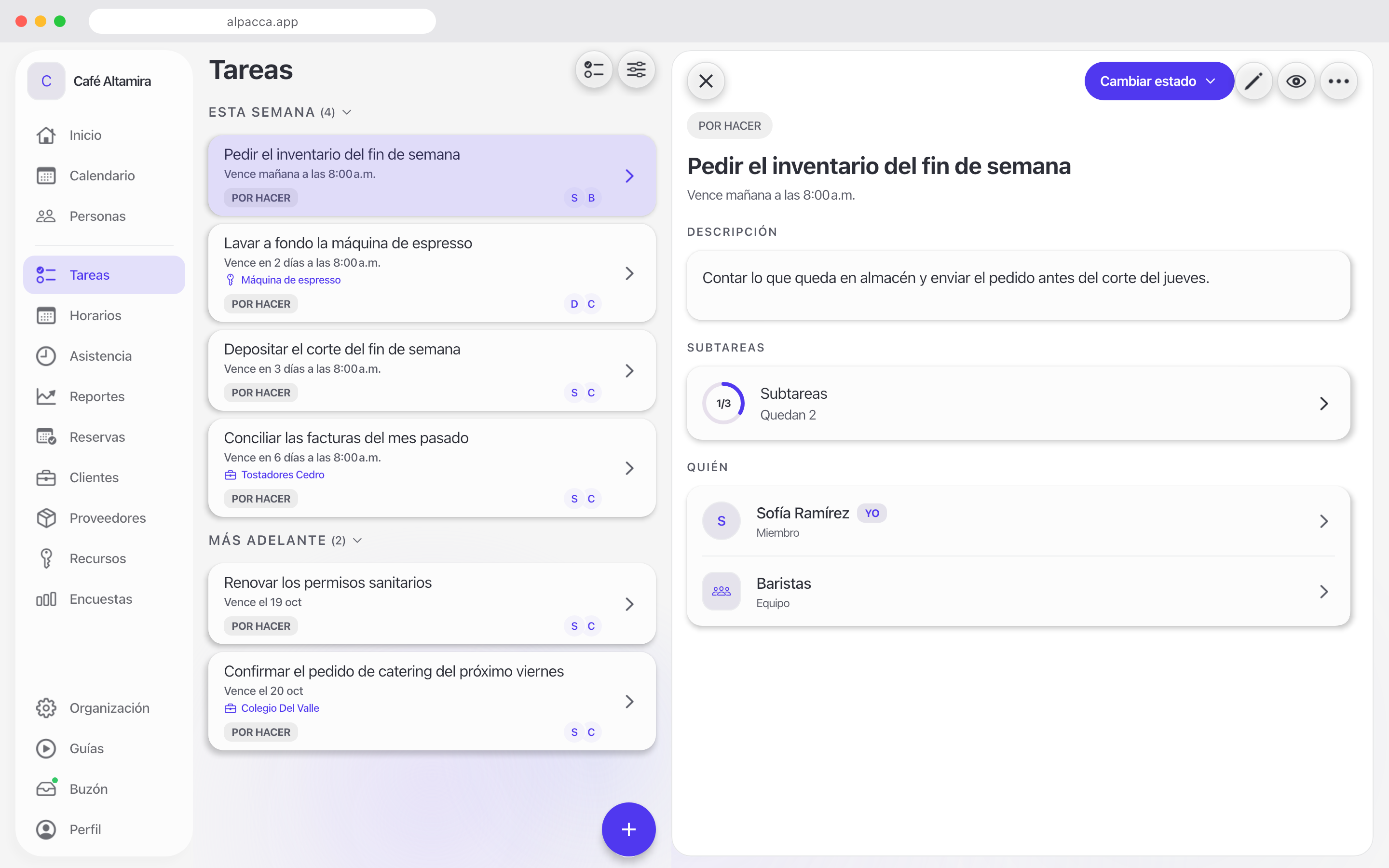 Una tarea con sus subtareas en Alpacca.