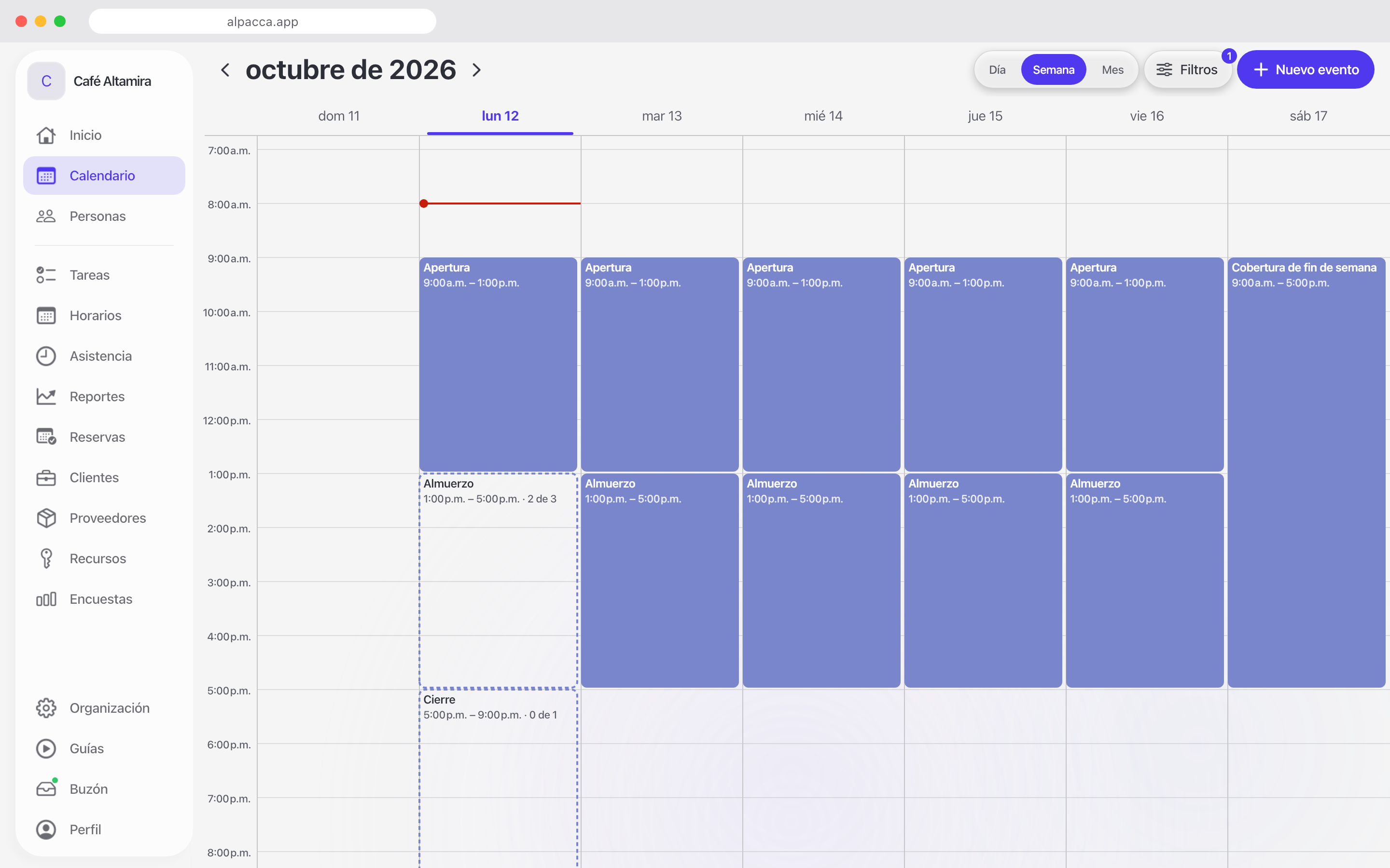 Una semana de turnos en el calendario de Alpacca, con los que aún faltan por cubrir marcados y contados.