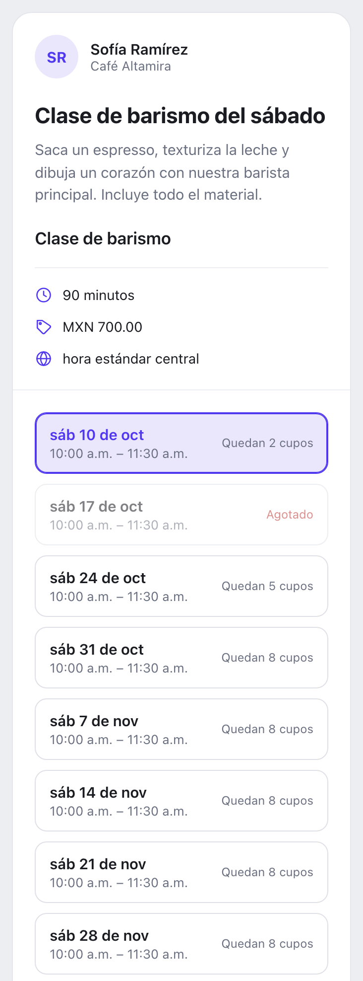 La página de reservas de la clase de barismo de los sábados de un café en un teléfono: las próximas fechas, cada una con los cupos que quedan.