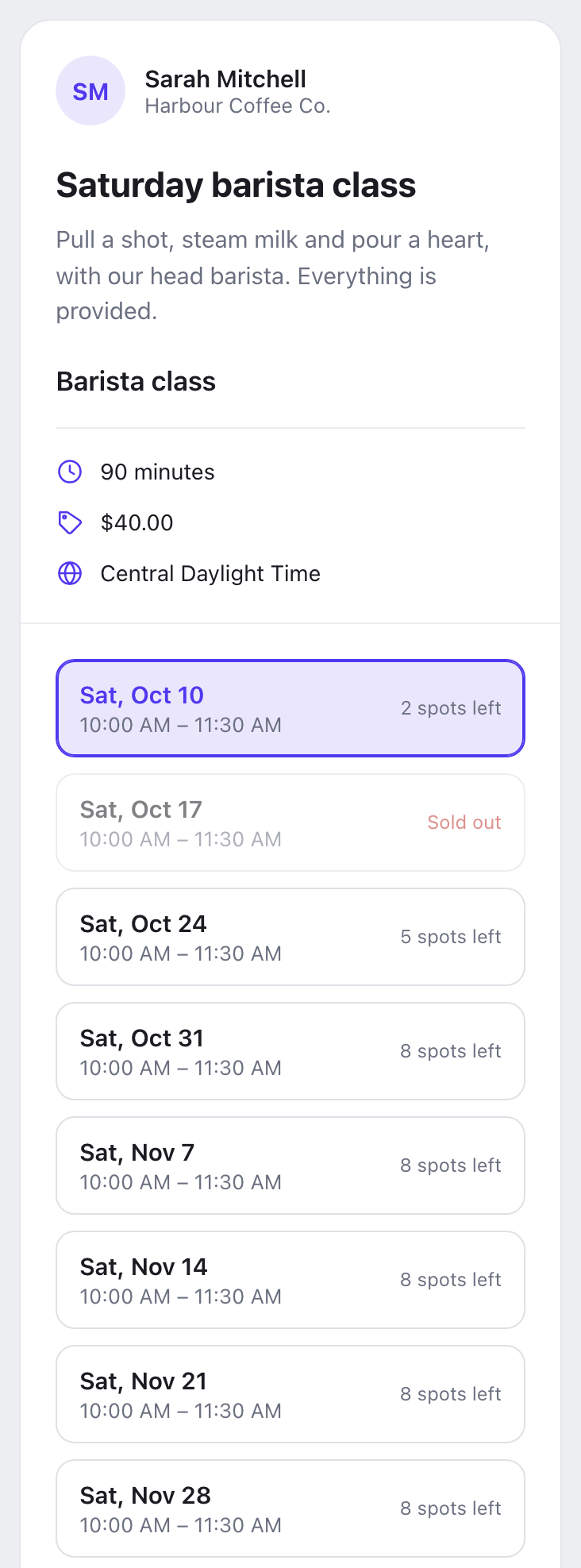 A café's booking page for its Saturday barista class on a phone: the upcoming dates, each with the spots left.