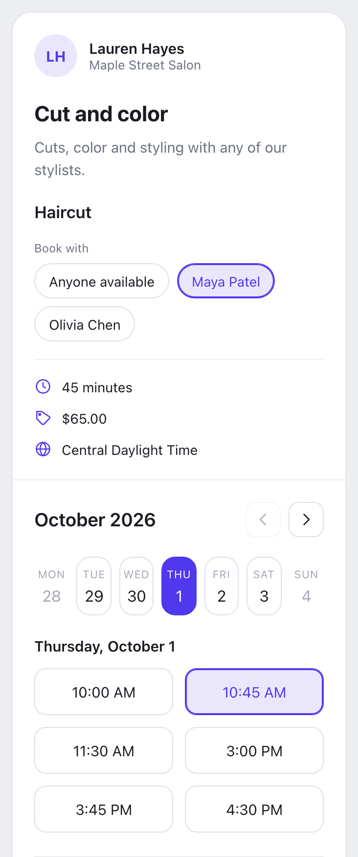 Maple Street Salon's booking page on a phone: a 45 minute haircut with Maya Patel chosen over anyone available, and her open times on Thursday, with one picked.