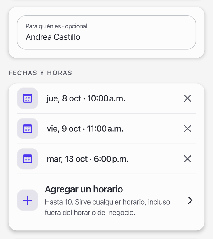 Tres horarios propuestos a una clienta en Alpacca, uno de ellos a las 6 p.m.