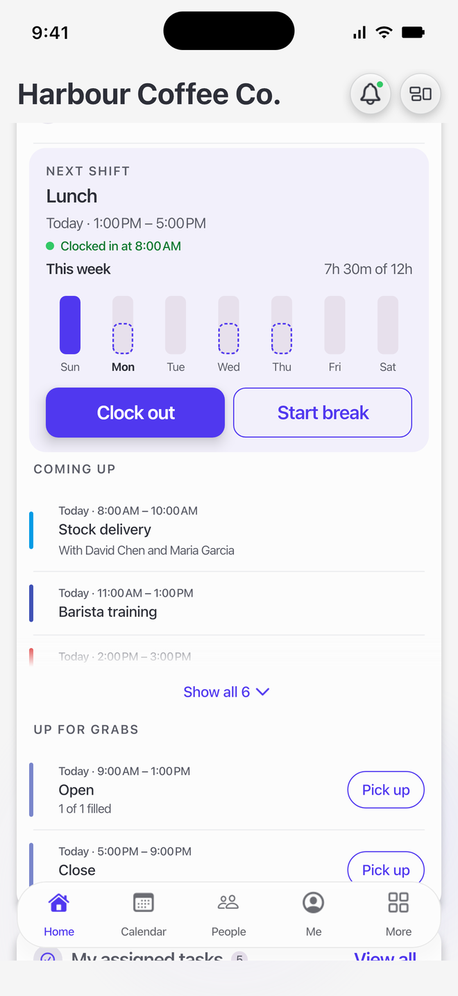 Home in the Alpacca app on a phone: the next shift, clocked in at 8:00 AM, with Clock out and Start break buttons under it.