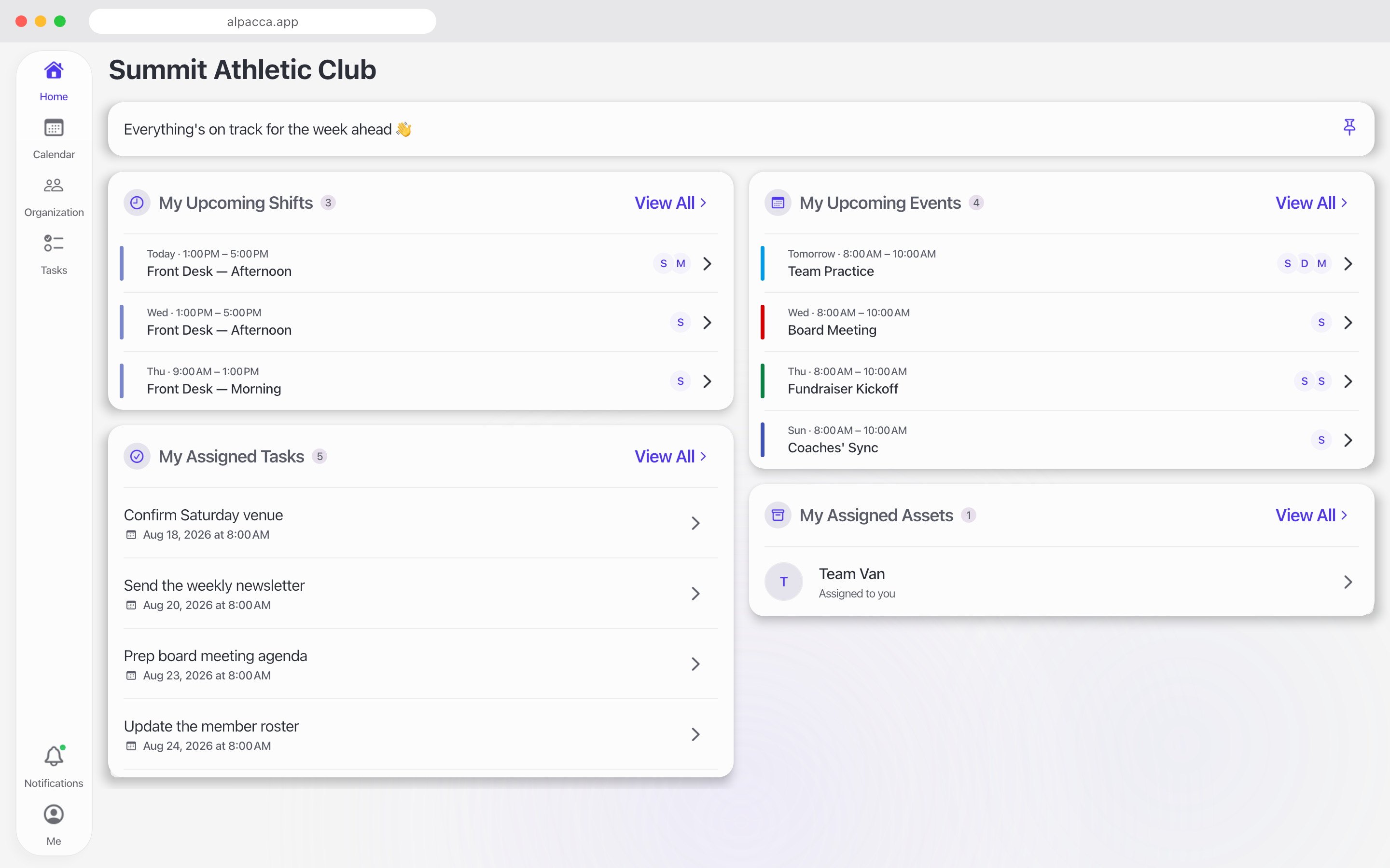 The Alpacca web app dashboard for Summit Athletic Club, showing upcoming events and assigned tasks.